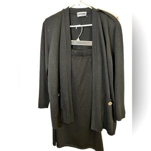 Vintage San Remo Black Knit Cardigan Skirt Suit Brass Buttons Pockets Medium